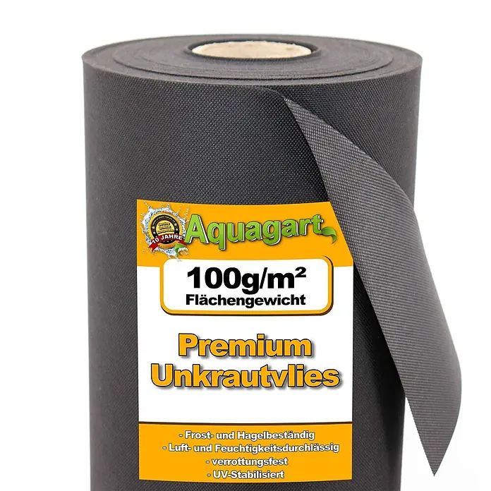 Aquagart Bodenschutzvlies 450m² 100g/m² 1,8m Gartenvlies Unkrautvlies -  - Dunkelgraue Rolle Unkrautvlies mit gelbem Etikett "Aquagart" und "100g/m²".