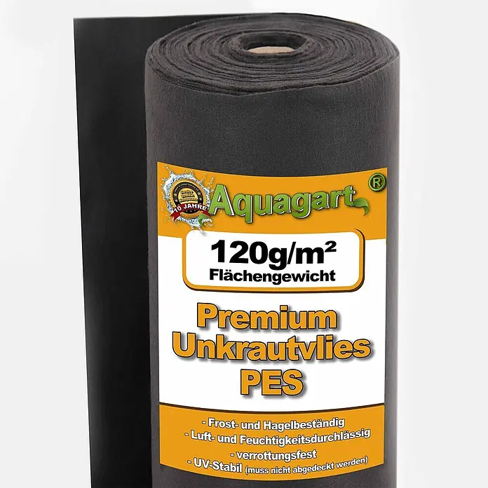Aquagart Bodenschutzvlies 100m² 120g/m² 1m Gartenvlies Unkrautvlies -  - Rolle dunkles Unkrautvlies (PES) mit orange-weißem Aquagart Etikett, 120g/m².