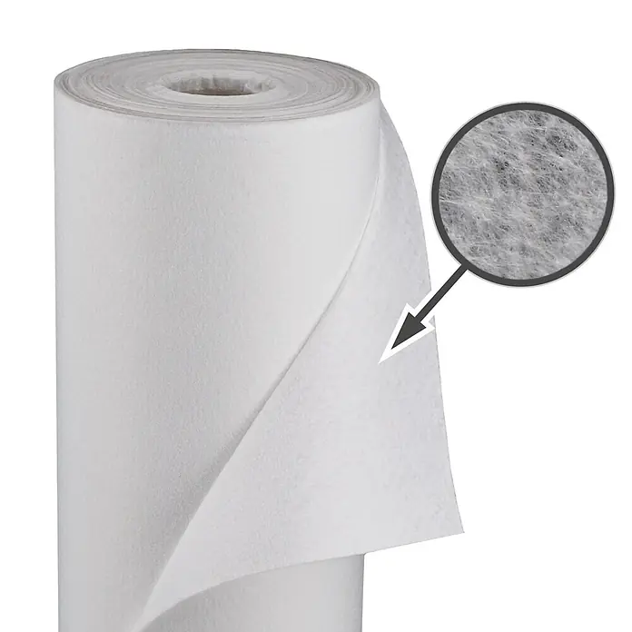 Aquagart Bodenschutzvlies 250m 150 2m Winterschutzvlies Wintervlies -  - Rolle aus weißem Vliesstoff mit vergrößertem Detail der faserigen, netzartigen Textur.