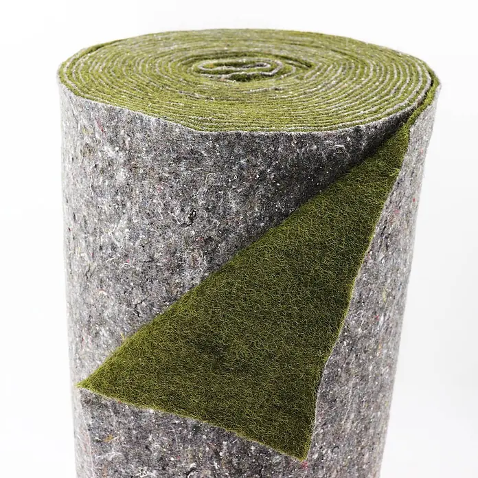 Aquagart Bodenschutzvlies 18m x 0,75m grün Ufermatte Böschungsmatte -  - Rolle aus grauem Trittschalldämmfilz mit weicher grüner Oberfläche, teilweise abgerollt.