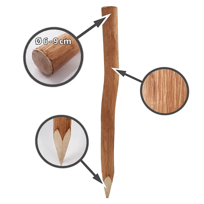 Aquagart Zaun-Set 5m 120cm 4 6cm 5 1,5m Komplett Set - 5 x 1,2 m, braun - Naturholzpfahl mit spitzer Spitze, 6-9 cm Durchmesser, mit Holzmaserung.