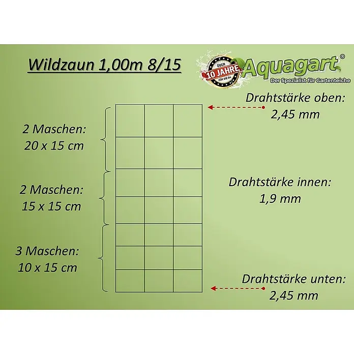 Aquagart Maschendrahtzaun 100m 100 8 15 Wildzaun Forstzaun - 100 x 1 m, grau - Wildzaun, 1,00m hoch, mit variierenden Maschenweiten (oben größer, unten kleiner) und verschiedenen Drahtstärken.