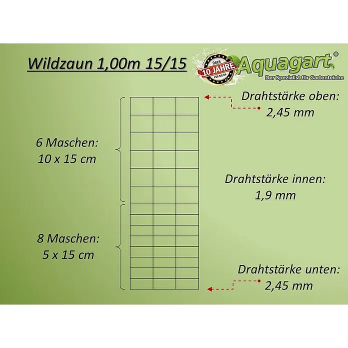 Aquagart Maschendrahtzaun 450m 100 15 15 Wildzaun Forstzaun - 450 x 1 m, grau - Wildzaun 1,00m mit oben 10x15cm und unten 5x15cm Maschen, Drahtstärke 2,45mm oben/unten und 1,9mm innen.