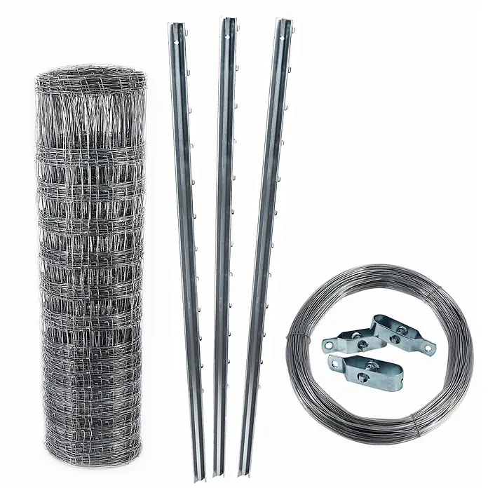 Aquagart Zaun-Set 100m 150 19 15 Wildzaun Forstzaun - 100 x 1,5 m, grau - Verzinktes Metallzaunset mit Drahtgeflechtrolle, drei Zaunpfählen, Drahtspule und Klemmen.