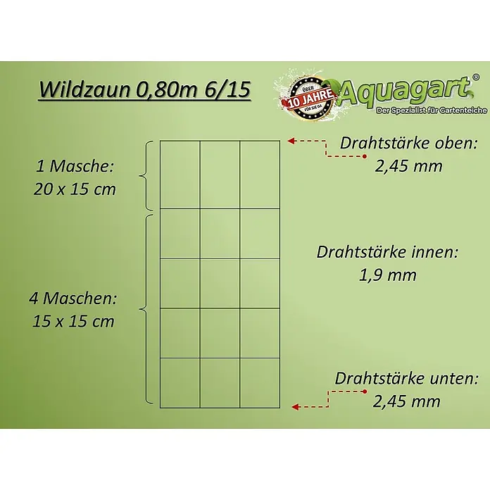 Aquagart Maschendrahtzaun 250m 80 6 15 Wildzaun Forstzaun - 250 x 0,8 m, grau - Wildzaun-Diagramm: 0,80m hoch, obere Maschen 20x15cm, untere Maschen 15x15cm. Drahtstärke: oben/unten 2,45mm, innen 1,9mm.