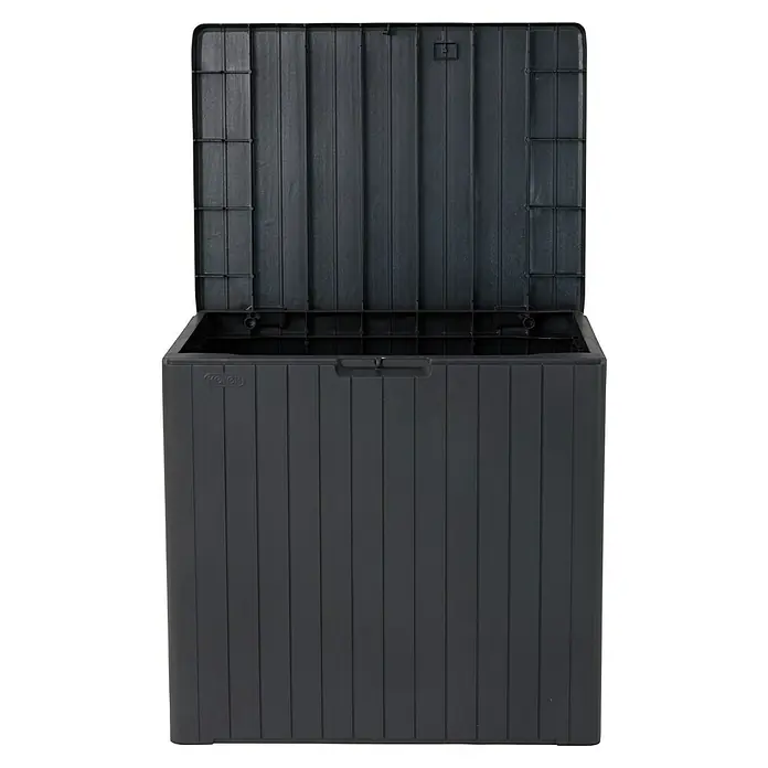 Keter Gartenbox City Box - L x B x H: 44 x 57,8 x 55 cm, Kunststoff, Anthrazit - Das Bild zeigt eine geöffnete, graue Gartenbox mit vertikalen Streifen, die zur Aufbewahrung von Gartenzubehör dient.