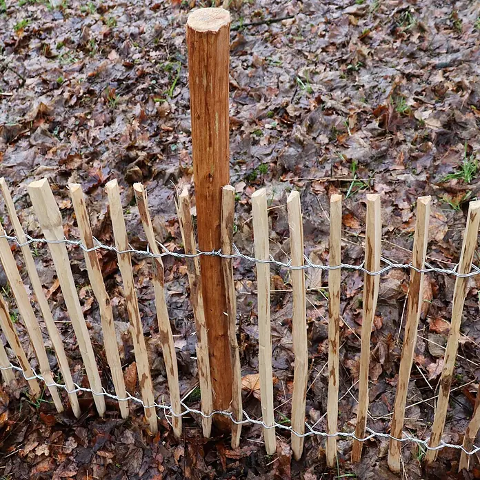 Aquagart Zaun-Set 5m 120cm 4 6cm 5 1,5m Komplett Set - 5 x 1,2 m, braun - Holzzaun mit dickem Mittelpfosten und drahtgebundenen Latten, stehend in Herbstlaub.