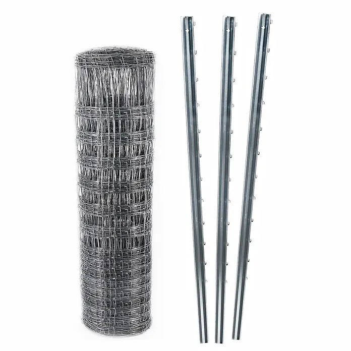 Aquagart Zaun-Set 100m 120 16 15 Wildzaun Forstzaun Z-Profil - 100 x 1,2 m, grau - Rolle aus silbernem Drahtgeflecht und drei passende Metallzaunpfähle für Außengehege.