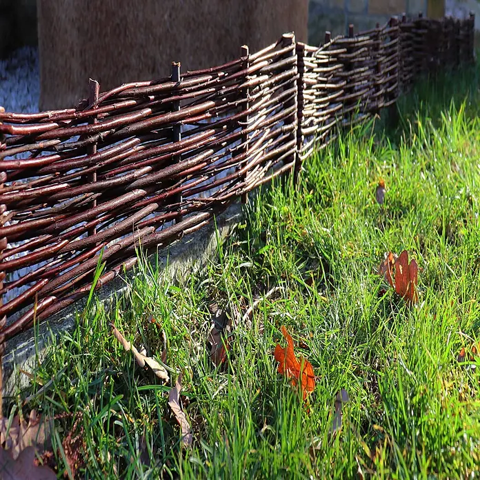 Aquagart Steckzaun-Element 8 30x60cm Beeteinfassungen aus Weide I - braun, Holz - Ein niedriger, geflochtener Weidenzaun trennt eine Rasenfläche, mit rotbraunen Ästen und Herbstlaub.