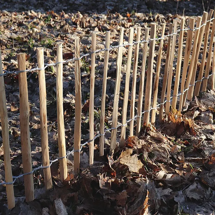 Aquagart Steckzaun-Element 5m 35cm 4 6cm Staketenzaun Rollboarder hoch - B x H: 5 x 0,35 m, braun, Holz - Niedriger Zaun aus Holzpfählen und gedrilltem Draht, umgeben von Herbstlaub.