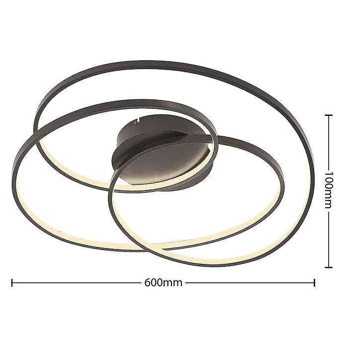 Lindby Deckenleuchte Kateryna - schwarz - Moderne dunkelgraue Deckenleuchte mit integrierter LED, die beleuchtete, abstrakt überlappende Ringe aufweist.