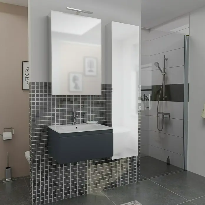 Camargue Espacio Badmöbel-Set i13 - 100 cm, Gama anthrazit matt - Modernes Badezimmer-Design mit einem Unterschrankwaschtisch in Anthrazit und passenden Hochschränken.