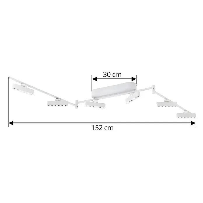 Lindby Deckenstrahler Eldrin - weiß / opal, weiß / opal - Weiße Deckenleuchte mit 6 verstellbaren Strahlern auf Gelenkarmen, 152 cm lang, zentraler Teil 30 cm.