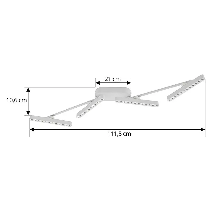 Lindby Deckenstrahler Eldrin - weiß / opal, weiß / opal - Weiße LED-Deckenleuchte mit vier verstellbaren Armen und abgebildeten Maßen.