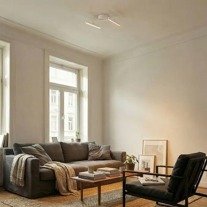Lindby Deckenstrahler Eldrin - weiß / opal, weiß / opal - Weiße Deckenleuchte mit zwei verstellbaren Balken, die ein modernes Wohnzimmer beleuchtet.