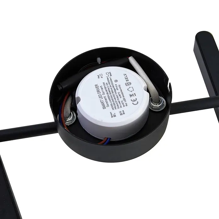 Lindby Deckenstrahler Eldrin - schwarz, schwarz - Ein weißer Smart-LED-Treiber in einem schwarzen runden Gehäuse, mit angeschlossenen Kabeln und technischen Daten.