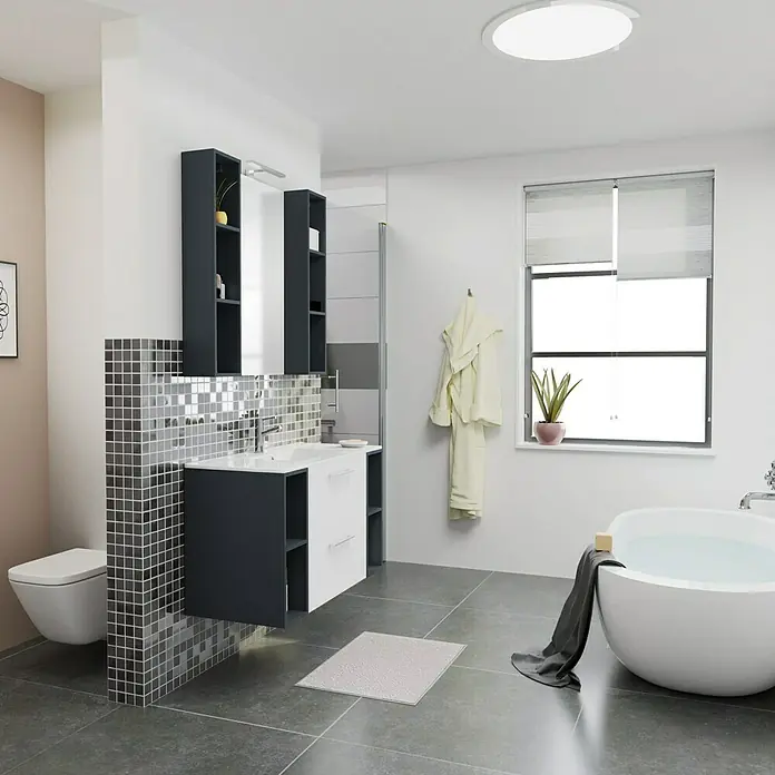 Camargue Espacio Badmöbel-Set i71 - 100 cm, Mira - Elegantes Badezimmer mit einem modernen Waschtisch in Anthrazit und Weiß, ergänzt durch stilvolle Spiegel und helle Beleuchtung.