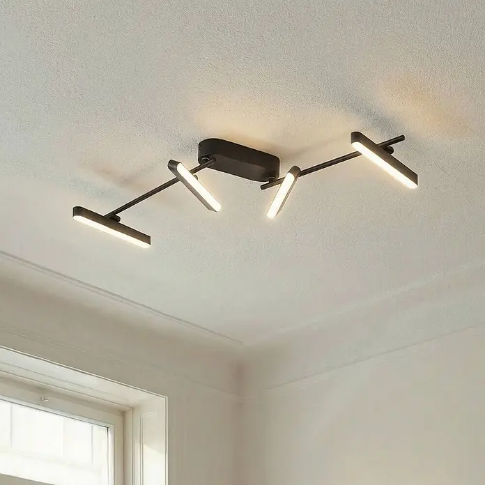 Lindby Deckenstrahler Eldrin - schwarz, schwarz - Schwarze Deckenleuchte mit vier verstellbaren, beleuchteten rechteckigen LED-Leisten.
