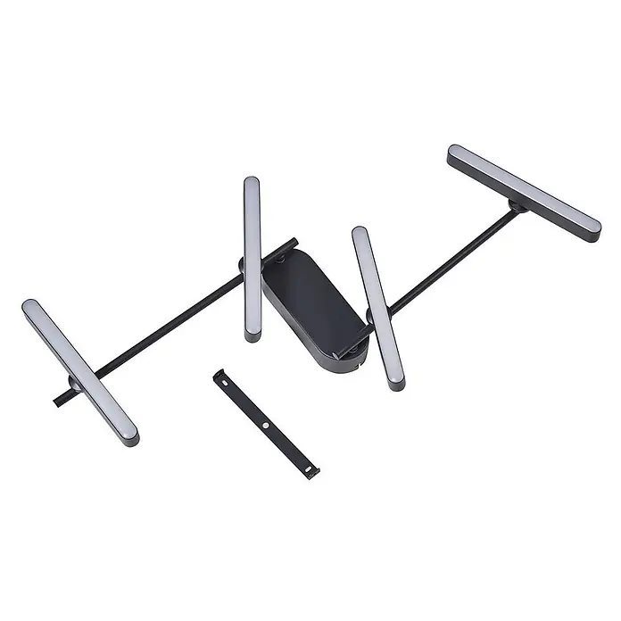 Lindby Deckenstrahler Eldrin - schwarz, schwarz - Demontierte moderne LED-Leuchte in Schwarz und Grau mit rechteckigem Sockel und vier linearen Lichtbalken.