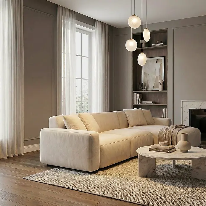 Lucande Pendelleuchte Lunelle - L x B x H: 40 x 40 x 19,5 cm, weiß / opal, weiß, messing, G9 - Cremefarbenes Ecksofa mit üppigen Kissen in einem modernen Wohnzimmer.
