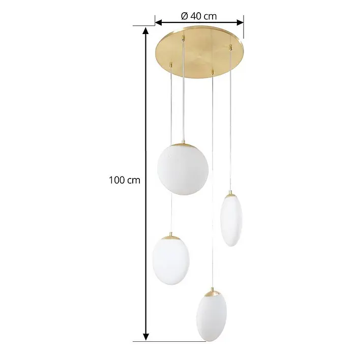 Lucande Pendelleuchte Lunelle - L x B x H: 40 x 40 x 19,5 cm, weiß / opal, weiß, messing, G9 - Goldene Pendelleuchte mit 4 weißen Glasschirmen, Ø 40 cm Deckenplatte, 100 cm Gesamtlänge.