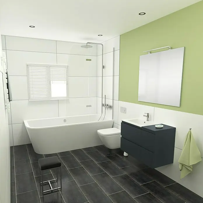 Camargue Espacio Badmöbel-Set i24 - 100 cm, Gama anthrazit matt - Helles Badezimmer mit Badewanne, Waschbeckenunterschrank in Anthrazit, Spiegel und dunklem Holzboden für ein modernes Ambiente.