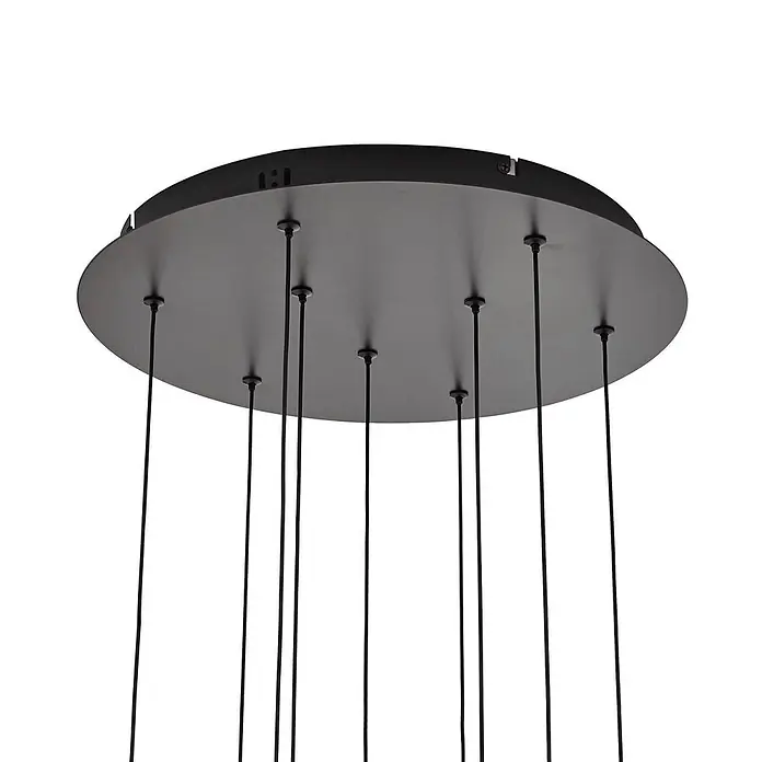 Lucande Pendelleuchte Hayley - L x B x H: 35 x 35 x 150 cm, klar / transparent, klar, Schwarz - Schwarze runde Deckenplatte einer mehrflammigen Pendelleuchte mit vielen schwarzen Aufhängungskabeln.