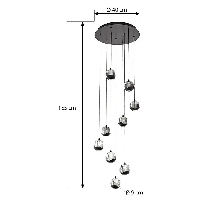 Lucande Pendelleuchte Hayley - L x B x H: 35 x 35 x 150 cm, klar / transparent, klar, Schwarz - Mehrflammige Pendelleuchte mit silberfarbenen Glaskugeln an runder, dunkelgrauer Deckenplatte. Gesamtlänge 155 cm, Platte Ø 40 cm, Kugel Ø 9 cm.