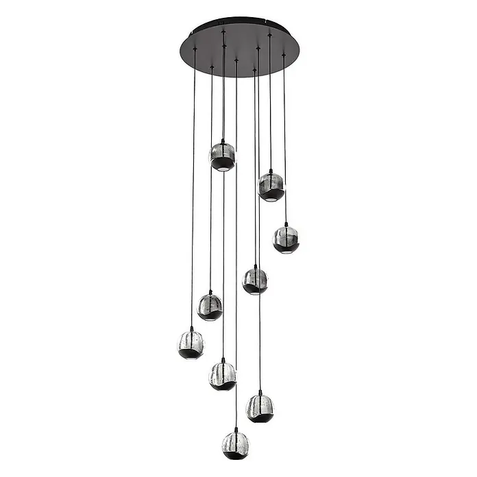 Lucande Pendelleuchte Hayley - L x B x H: 35 x 35 x 150 cm, klar / transparent, klar, Schwarz - Neunflammige Pendelleuchte mit runden, verspiegelten Glaskugeln und schwarzen Böden, aufgehängt an einer schwarzen runden Deckenplatte.