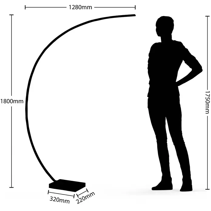 Lindby Stehleuchte Kendra - Höhe: 180 cm, weiß / opal, weiß / opal - Schwarze Bogen-Stehlampe mit rechteckigem Sockel, Maßen und einer Person zum Größenvergleich, betont das hohe, geschwungene Design.