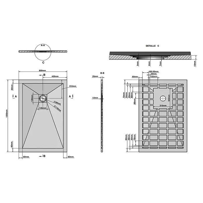 Kiamami Valentina Duschwanne - L x B: 1.200 x 800 cm, Verbundwerkstoff, Weiß - Technische Zeichnung einer rechteckigen Duschwanne mit zentralem Abfluss und Maßen.