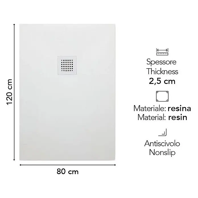 Kiamami Valentina Duschwanne - L x B: 1.200 x 800 cm, Verbundwerkstoff, Weiß - Weißes rechteckiges Duschbecken aus Harz, 120x80 cm, 2,5 cm dick, mit mittigem Abfluss und rutschfester Oberfläche.