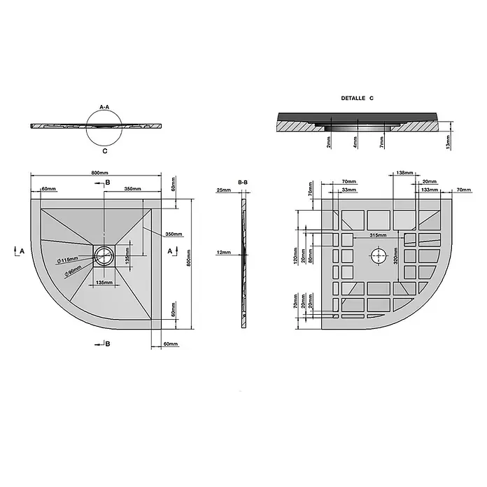 Kiamami Valentina Duschwanne - L x B: 800 x 800 cm, Verbundwerkstoff, Anthrazitgrau - Technische Zeichnung einer grauen Eckduschwanne mit integriertem Ablauf und Maßen.
