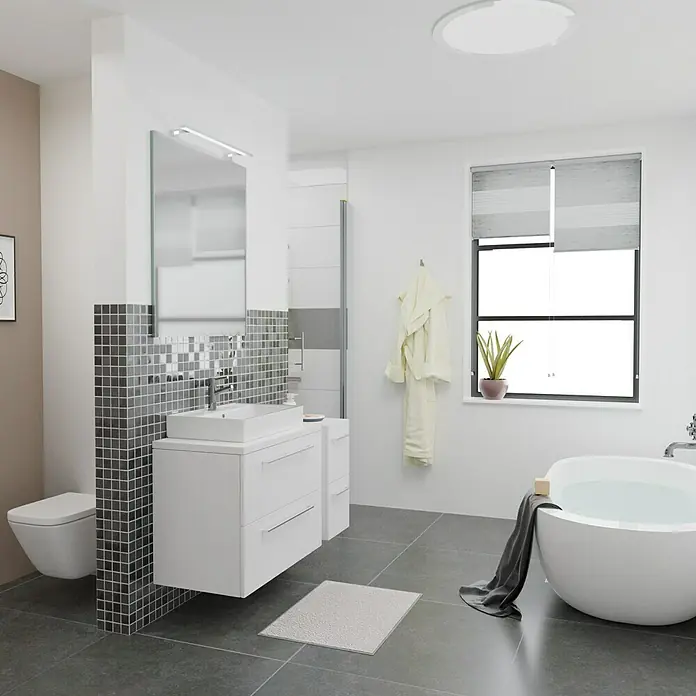 Camargue Espacio Badmöbel-Set J21 - 110 cm, Mira - Modernes Badezimmer-Interieur mit Waschtisch mit Schubladen, Spiegel und freistehender Badewanne mit Handtuch. Elegante Badeinrichtung für Ihr Zuhause.