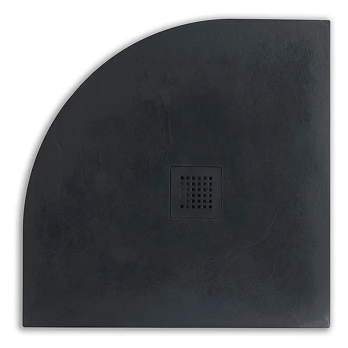 Kiamami Valentina Duschwanne - L x B: 800 x 800 cm, Verbundwerkstoff, Anthrazitgrau - Dunkelgraue Viertelkreis-Duschwanne in Schieferoptik mit quadratischem Abfluss.