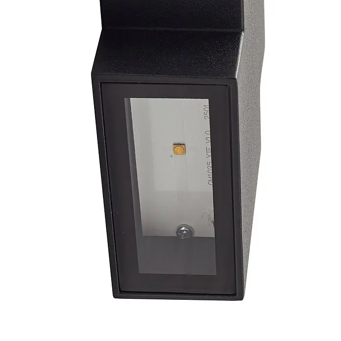 Lindby Außenwandleuchte Fendir - schwarz, IP54 - Schwarze LED-Wandleuchte mit klarer Glasabdeckung, einem einzelnen gelben LED und Befestigungsschraube.