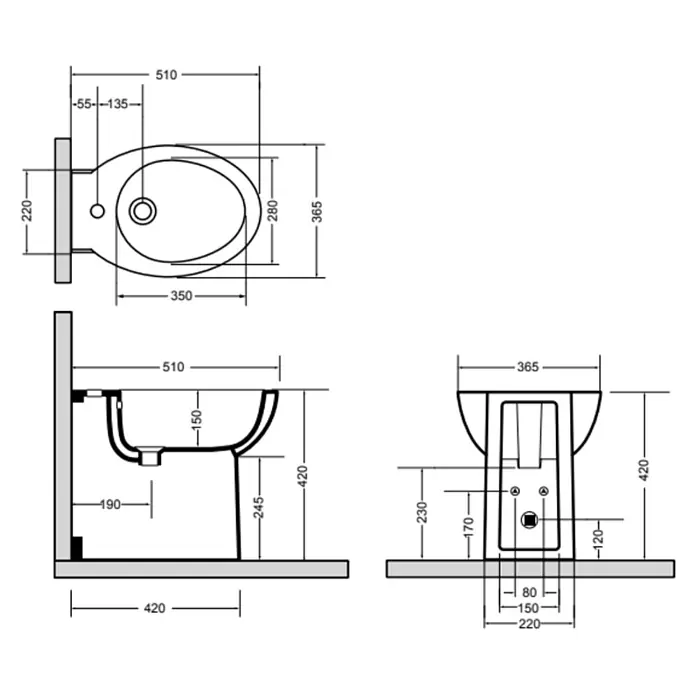 Kiamami Valentina Stand-Bidet - 510 x 365 cm, Weiß, Keramik - Technische Zeichnung eines wandmontierten Waschbeckens mit Draufsicht, Seitenansicht und Vorderansicht sowie detaillierten Maßen zur Installation.