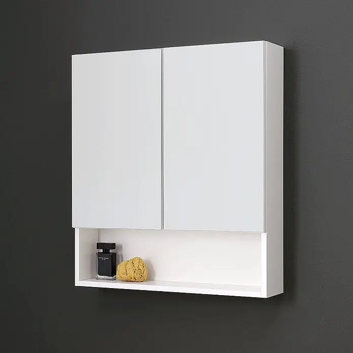 Kiamami Valentina Spiegelschrank - B x H: 156 x 710 cm, Weiß - Weißer wandmontierter Spiegelschrank mit zwei Türen und einer offenen Ablage darunter.