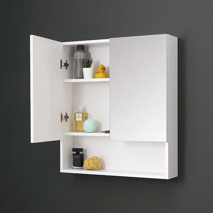 Kiamami Valentina Spiegelschrank - B x H: 156 x 710 cm, Weiß - Weißer wandmontierter Badezimmer-Spiegelschrank mit offenen Ablagen und einer Spiegeltür für zugänglichen Stauraum.