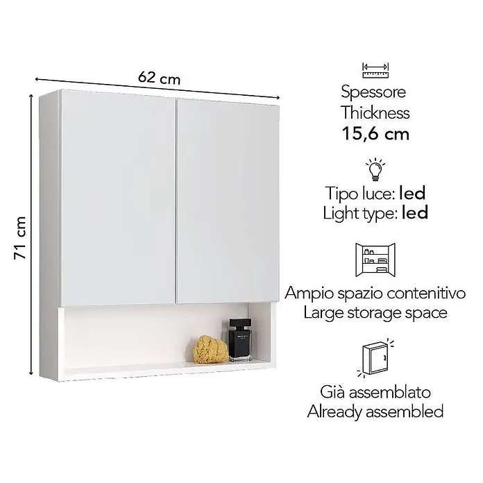 Kiamami Valentina Spiegelschrank - B x H: 156 x 710 cm, Weiß - Weißer Wandschrank, 62x71x15,6 cm, mit zwei Türen und einem offenen Fach.