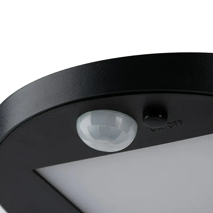 Paulmann Solar-Sockelleuchte Ryse - Anthrazit, Höhe: 79,6 cm, Warmweiß - Nahaufnahme einer schwarzen LED-Leuchte mit Bewegungssensor und Ein-/Ausschalter, ideal für den Außenbereich.