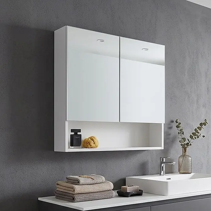 Kiamami Valentina Spiegelschrank - B x H: 156 x 710 cm, Weiß - Weißer wandmontierter Badezimmer-Spiegelschrank mit zwei Spiegeltüren, integrierter Beleuchtung und einem offenen Ablagefach über einem Waschbecken.