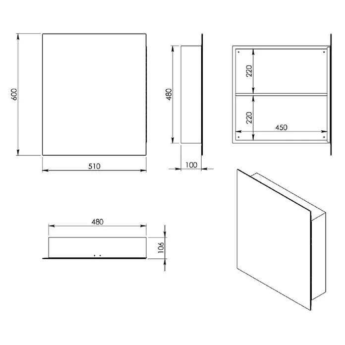 Kiamami Valentina Spiegelschrank - B x H: 115 x 600 cm, Chrom - Rechteckiger Wandschrank (510x600x106mm) mit Fachboden. Technische Zeichnung mit verschiedenen Ansichten.