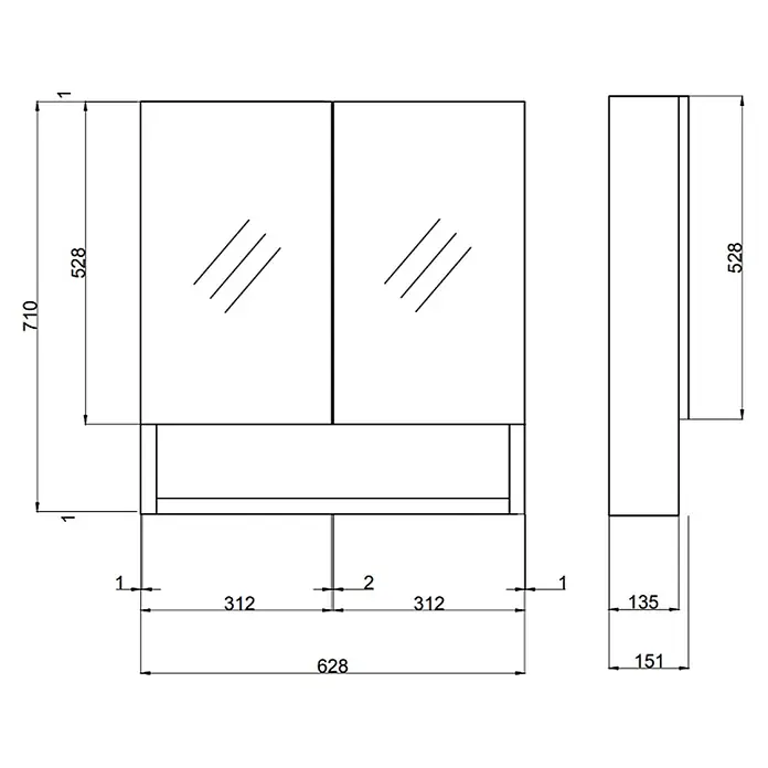 Kiamami Valentina Spiegelschrank - B x H: 156 x 710 cm, Weiß - Maße eines wandmontierten Spiegelschranks mit zwei Türen und offenem Fach.