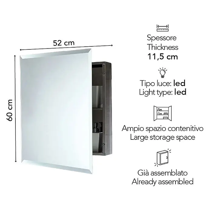 Kiamami Valentina Spiegelschrank - B x H: 115 x 600 cm, Chrom - Rechteckiger Spiegelschrank, 52x60x11,5 cm, mit LED-Beleuchtung, viel Stauraum, vormontiert.