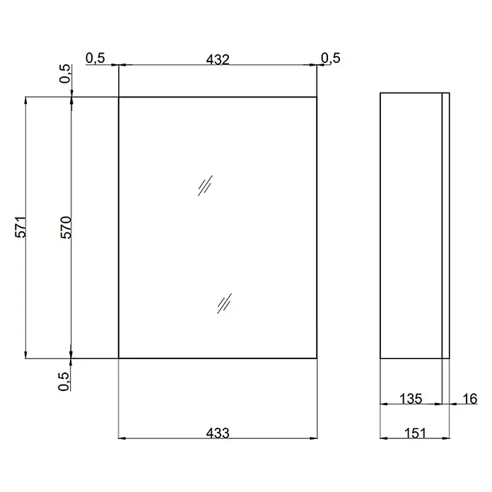 Kiamami Valentina Spiegelschrank - B x H: 150 x 570 cm, Holz, Weiß - Technisches Datenblatt eines rechteckigen Spiegelschranks mit Front- und Seitenansicht und Maßen. Spiegelfront und Stauraum.