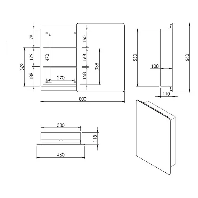 Kiamami Valentina Spiegelschrank - B x H: 120 x 660 cm, Chrom - Technische Zeichnung eines rechteckigen Wandschranks mit Innenfächern, Maße und Design darstellend.