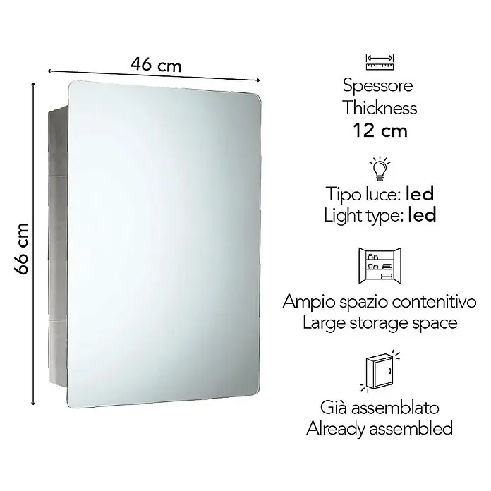 Kiamami Valentina Spiegelschrank - B x H: 120 x 660 cm, Chrom - Rechteckiger Spiegelschrank, 66 cm hoch, 46 cm breit und 12 cm tief, mit Stauraum und LED-Beleuchtung.