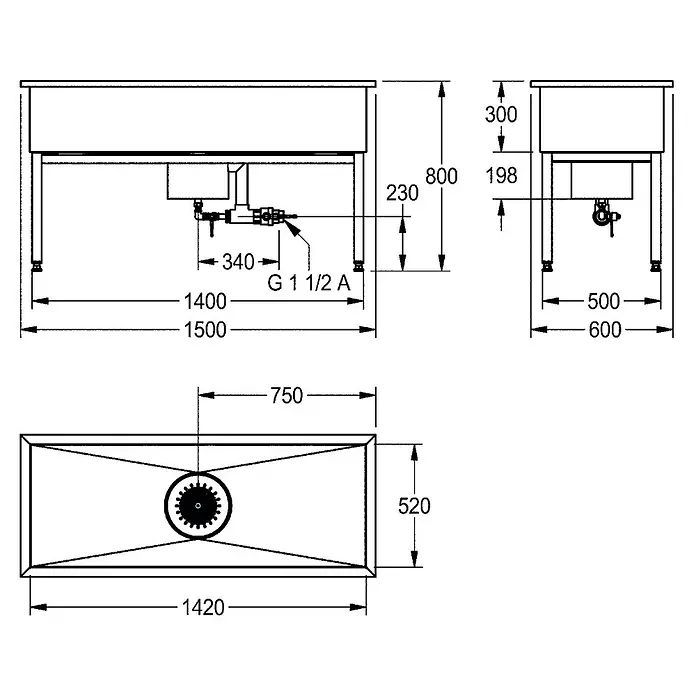 KWC Einbauspüle SIRIUS - 152 x 61 cm - Technische Zeichnung eines freistehenden, rechteckigen Spültisches mit Gestell, Maßen und Abflussanschluss.