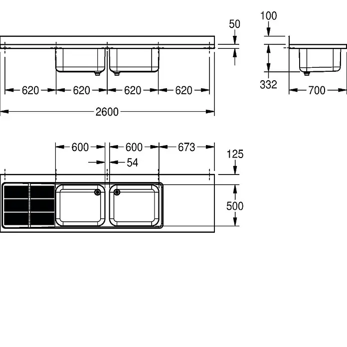 KWC Einbauspüle MAXIMA - 261 x 71 cm - Technische Zeichnung einer Doppelspüle mit Abtropffläche und Bemaßungen.